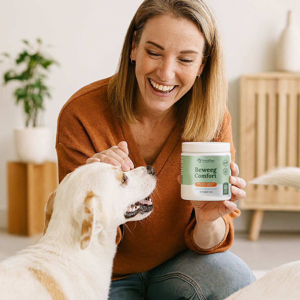 Vrouw geeft haar hond NovaPaw Beweeg Comfort supplement voor soepele gewrichten – liefdevolle interactie in huiselijke setting